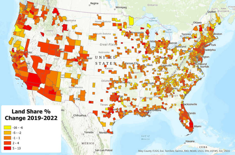 Mapped Changes of County-Level Land Shares