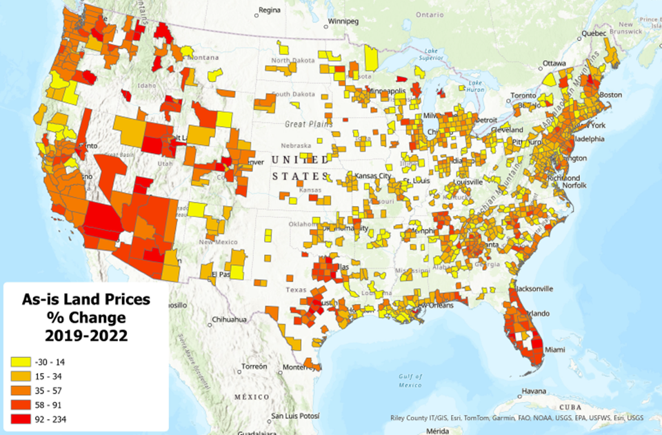 Mapped Changes of County-Level Land Prices