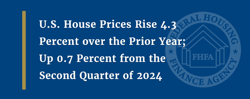 U.S. House Prices Rise 4.3 Percent over the Prior Year; Up 0.7 Percent from the Second Quarter of 2024